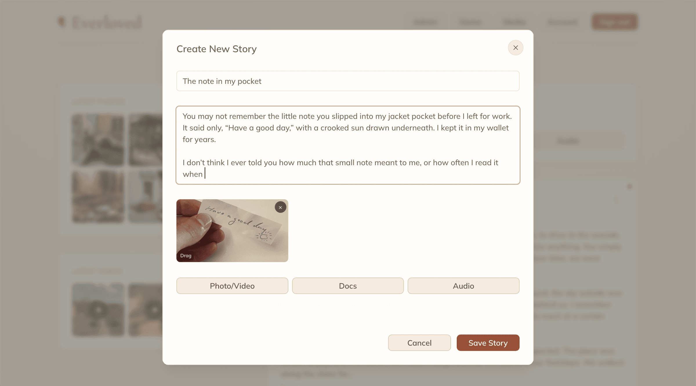 Everloved story editor with a personal message and attached photo